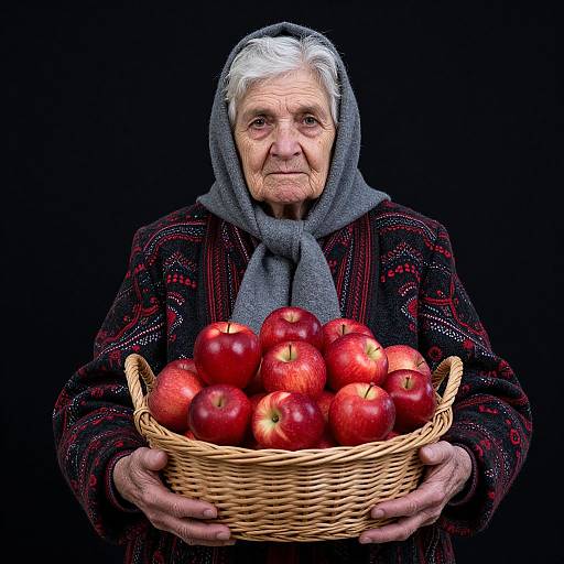 Photograph of an elderly woman with white hair, wearing a gray headscarf and red-black patterned sweater, holding a wicker basket filled with