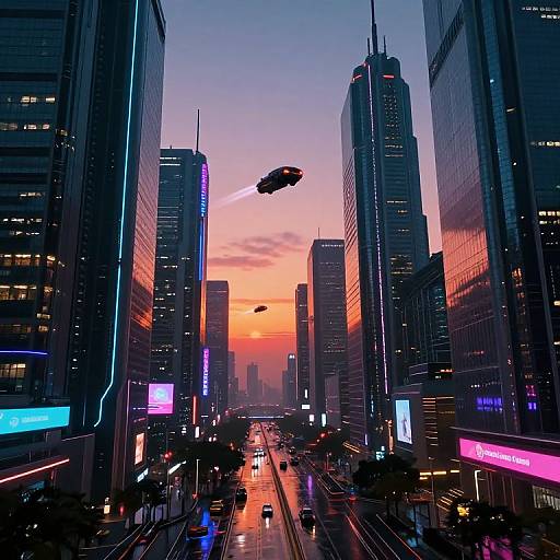 Photograph of a futuristic cityscape at sunset, featuring neon-lit skyscrapers, flying drones, and a glowing, orange-pink sky.