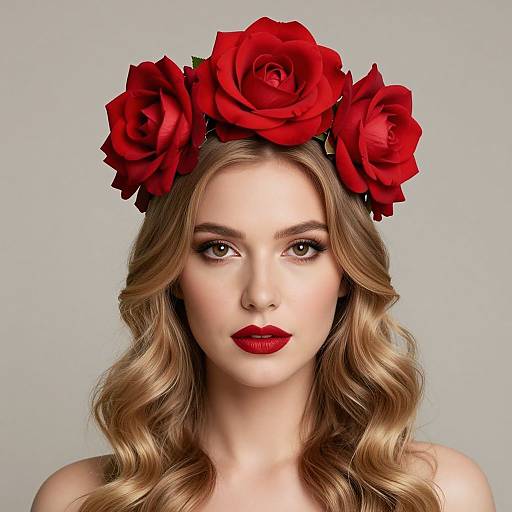 Photograph of a fair-skinned woman with wavy blonde hair, wearing a red rose headpiece, red lipstick, and neutral background.