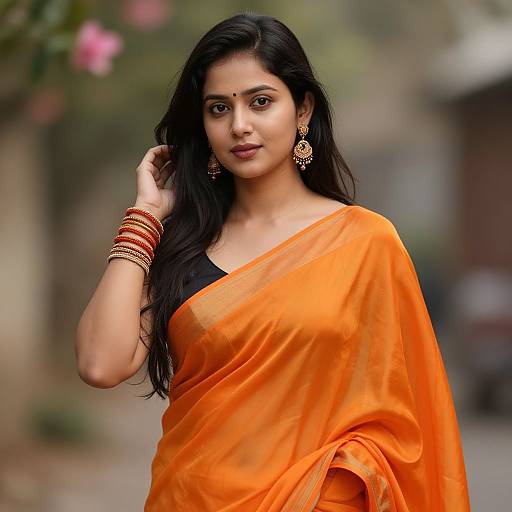Photograph of a beautiful Indian woman with long black hair, wearing an orange sari, gold earrings, and red bangles, standing outdoors with a