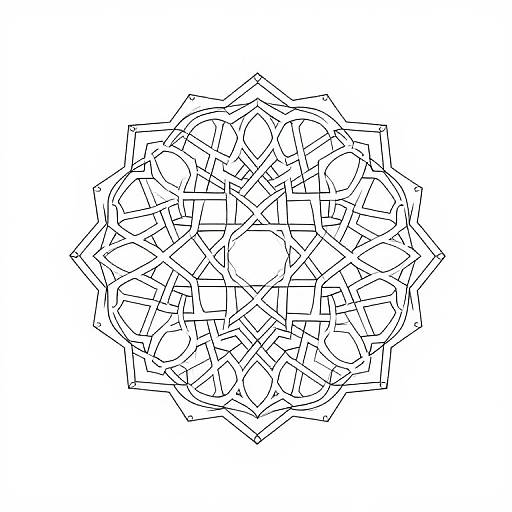Black and white geometric line drawing of an intricate, symmetrical, star-like pattern with intersecting shapes and angular lines.