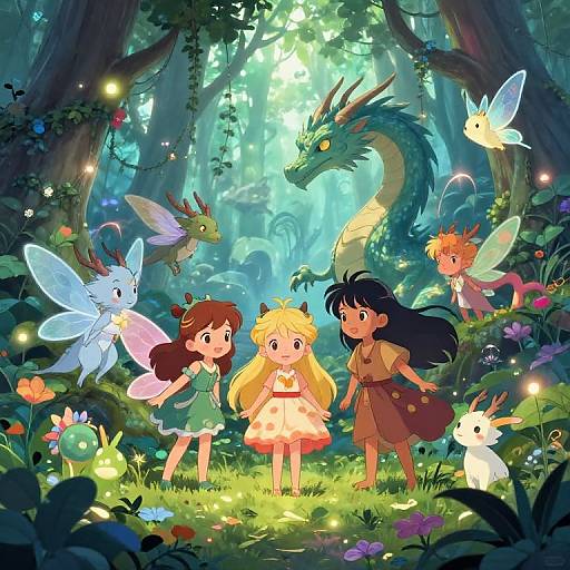 Enchanting forest scene with four children, fairy-like creatures, and a dragon amidst glowing fireflies and vibrant flowers, illuminated by sunlight. Digital anime
