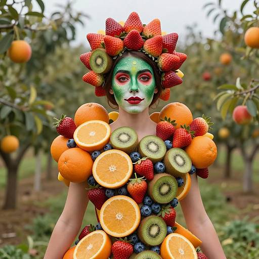 Person Wearing Detailed Fruit Costume in Orchard