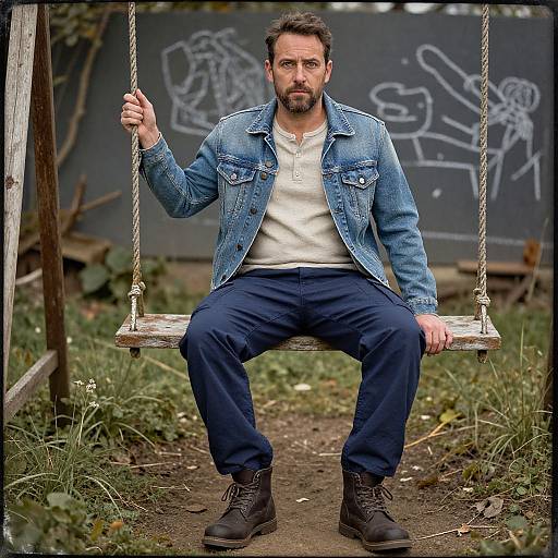Photograph of a bearded man with short dark hair, wearing a denim jacket, white shirt, and navy pants, sitting on a wooden swing in