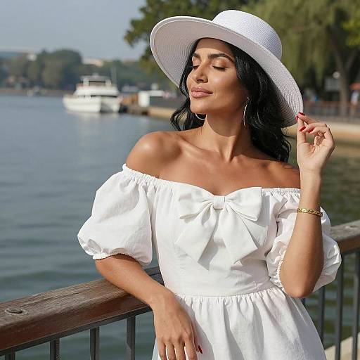 Woman in White Dress and Hat by Waterfront