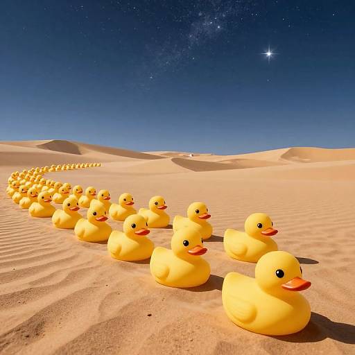 Photograph of yellow rubber ducks in a diagonal line on golden sand dunes under a starry, dark blue night sky.