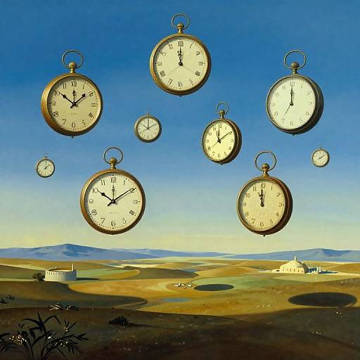 Photograph of floating vintage clocks with white faces and black hands against a clear blue sky, over a rural landscape with rolling hills and distant white buildings.