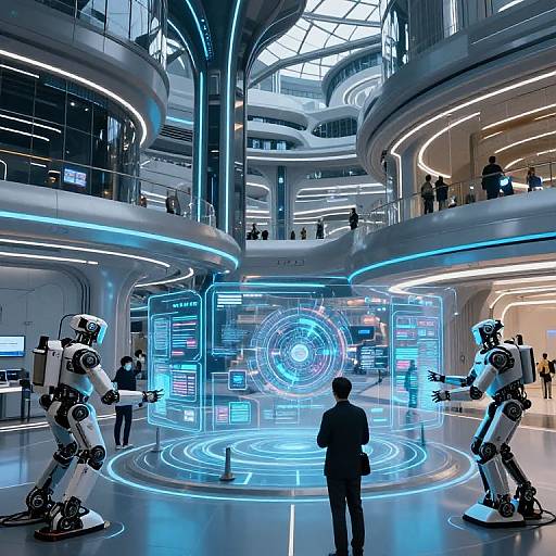 Photograph of a futuristic, neon-lit mall featuring three robotic arms and a central holographic display, with a person standing in the foreground.