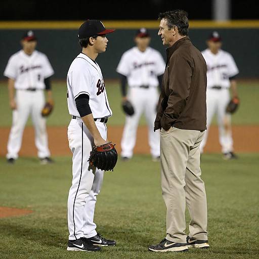 Coach Talking to Baseball Player on Field at Night