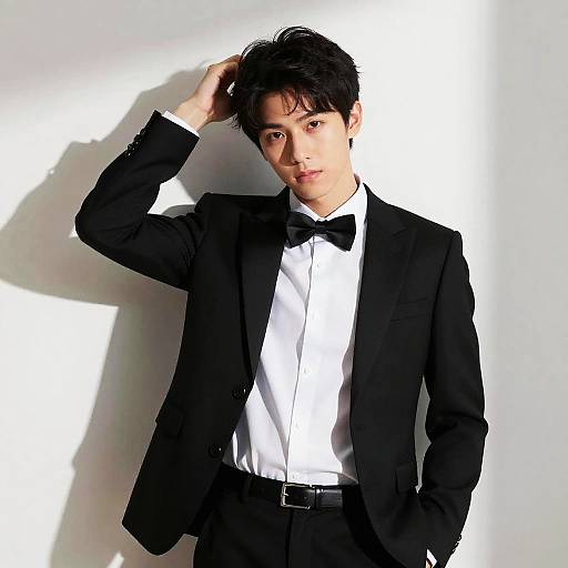 Photograph of a young Asian man with dark hair, wearing a black tuxedo, white shirt, and black bow tie, standing against a white