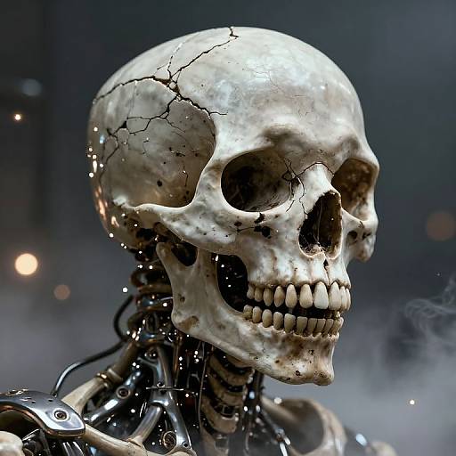 CGI image of a cracked, detailed human skull with metallic robotic spine, set against a dark, blurred background with glowing lights.
