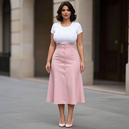 Photograph of a curvy woman with dark wavy hair, wearing a white short-sleeve top and high-waisted pink skirt with buttons