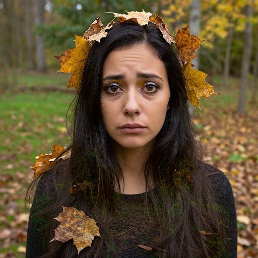 Photograph of a solemn young woman with dark hair, wearing a crown of autumn leaves, standing in a forest with fallen leaves. She has large,