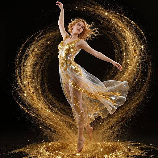 Photograph of a blonde ballerina in a gold-sequined, sheer dress, dancing gracefully amidst swirling golden sparks against a black background.