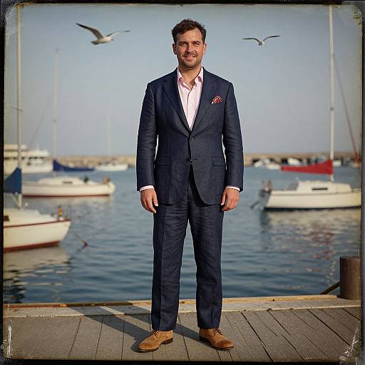 Photograph of a bearded man in a navy suit, white shirt, and brown loafers, standing on a dock with sailboats and seag