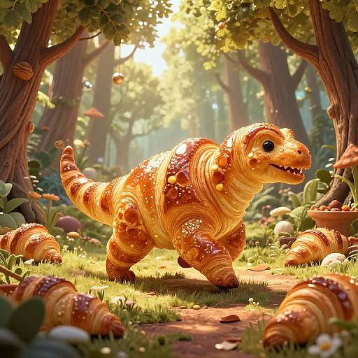 Croissant Dinosaur in Magical Pastry Forest