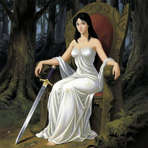 Woman with Sword on Dark Throne