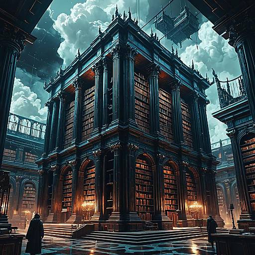 Majestic Ancient Library in Cyberpunk Noir Style