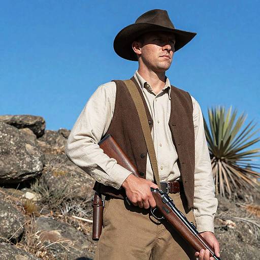 Man in Western Outfit Holding Rifle on Rocky Hill
