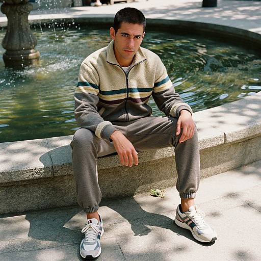 Photograph of a young man with short dark hair, sitting on a stone ledge by a fountain, wearing a striped zip-up jacket, gray pants,