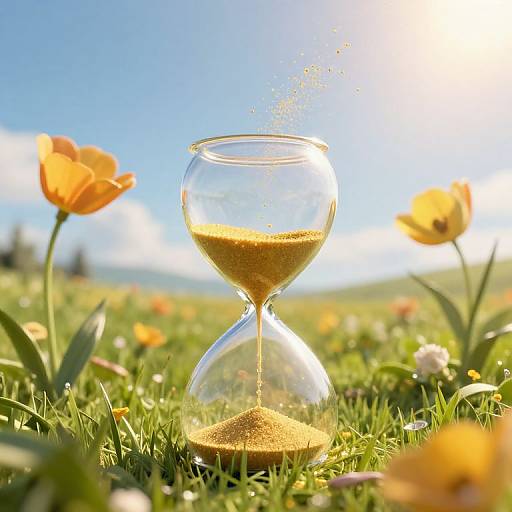 Photograph of a glass hourglass filled with sand on a sunlit grassy field, surrounded by orange tulips, with a clear blue sky background