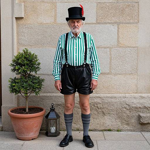 Photograph of elderly man with white beard, black top hat with red feather, green and white striped shirt, black shorts, gray socks, black shoes