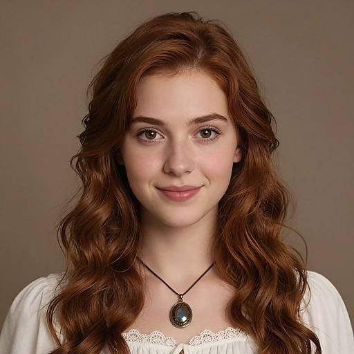 Photograph of a young, fair-skinned woman with long, wavy auburn hair, wearing a white lace-trimmed blouse, and