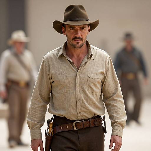 Photograph of rugged, muscular man in beige checkered shirt and brown cowboy hat, with serious expression, standing in sunlit, blurred outdoor background with