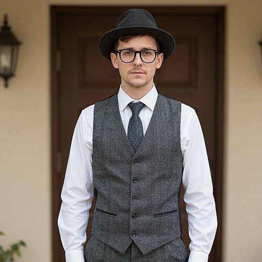 Photograph of a fair-skinned man with glasses, black bowler hat, dark gray three-piece suit, white shirt, black tie, standing in