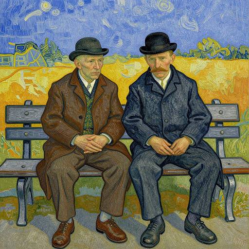 Vincent van Gogh painting: Two elderly men in brown and black suits, hats, sitting on a wooden bench against a vibrant, sunlit yellow