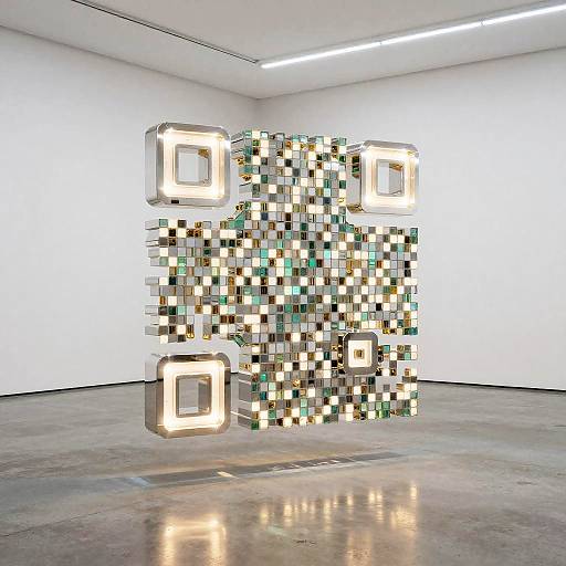 Photograph of a modern art installation: a 3D cube of mirrored tiles with illuminated square frames, set in a white-walled, concrete-f
