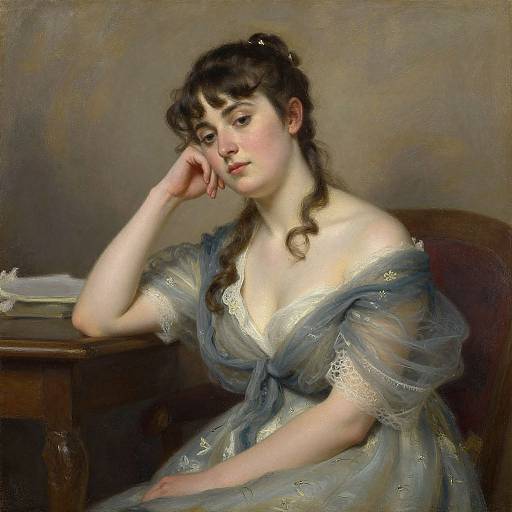 Oil painting of a pale-skinned, dark-haired woman in a blue, off-shoulder lace gown, resting her chin on her hand, seated