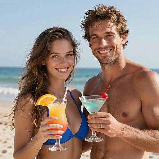 Photograph of smiling, sun-kissed couple on beach; woman in blue bikini, long brown hair, holding orange drink; man shirtless,