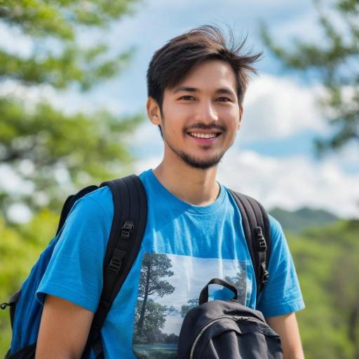Smiling Asian Male with Backpack Outdoors