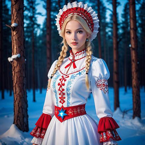 Digital artwork of a blonde woman in a white, red, and blue traditional Eastern European winter dress, braided hair, snowy forest background.