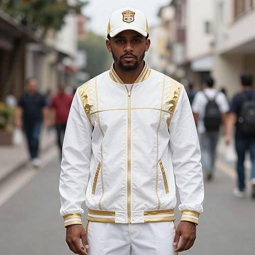 Photograph of a Black man with a serious expression, wearing a white and gold tracksuit with a white cap, standing on a blurred urban street.