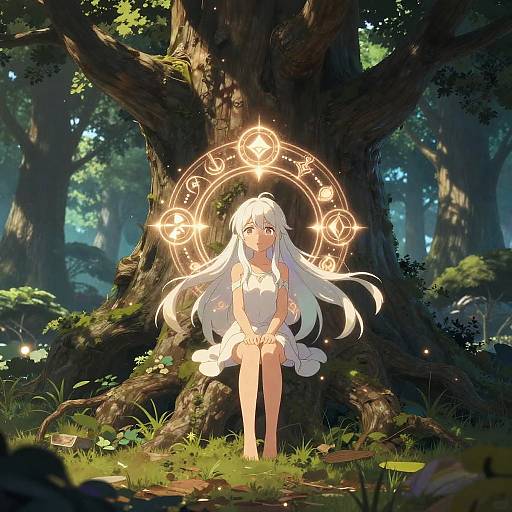 Fantasy Anime Girl Under Ancient Tree