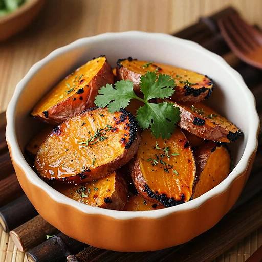 Photograph of roasted orange sweet potatoes in a white bowl, garnished with fresh parsley, on a bamboo mat.