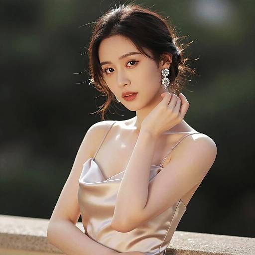 Photograph of an East Asian woman with fair skin, dark hair, in a shiny, satin, strapless top, wearing star-shaped earrings, gently
