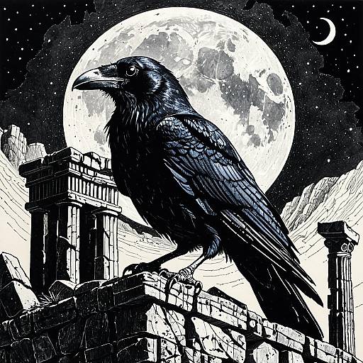 Intricate Raven on Ancient Ruins with Full Moon