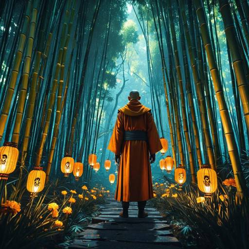 Cybernetic Monk in Glowing Bamboo Forest