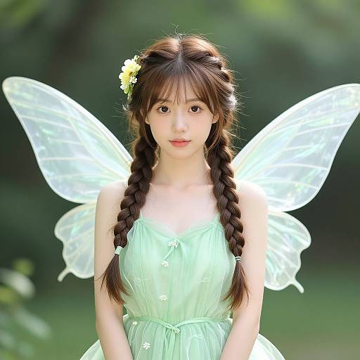 Photograph of an East Asian woman with long brown braids, wearing a light green dress and translucent fairy wings, set against a blurred green forest background