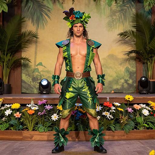 Photograph of a muscular man with long brown hair, wearing a green, leafy, open-front costume with flower headdress, standing in a jungle