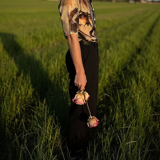 Photograph of a person standing in a sunlit grass field, wearing a patterned shirt and black pants, holding pink roses.