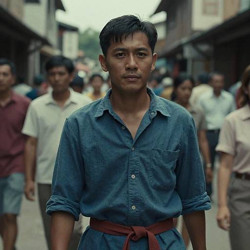 Man in Blue Shirt on Crowded Street