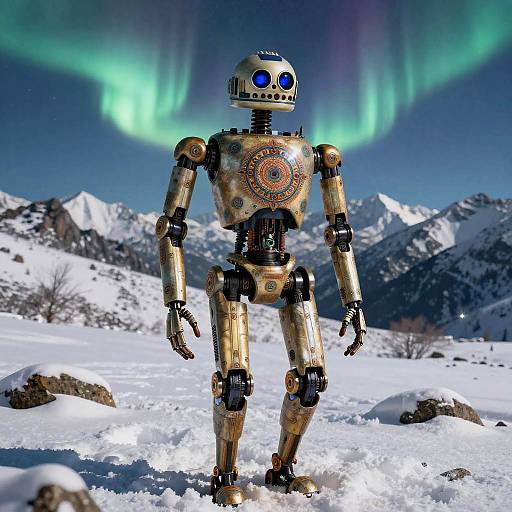 Photorealistic Droid in Snowy Mandala Landscape