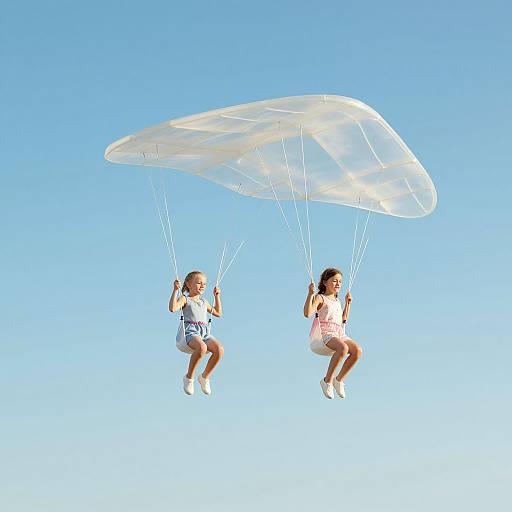 Photograph of two children, one in white shorts and blue shirt, the other in pink dress, floating mid-air under a translucent parachute against a clear