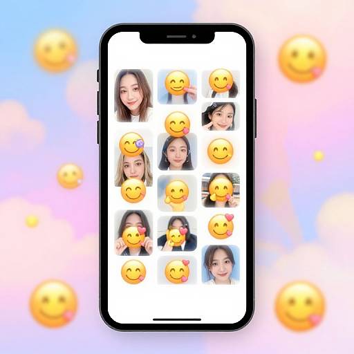 Photograph of a smartphone displaying a grid of smiling female faces, interspersed with yellow smiley faces, on a pastel blue and pink background