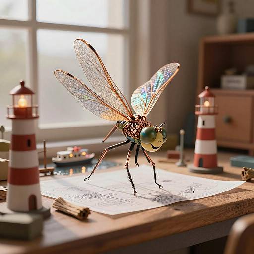 Whimsical Clockwork Dragonfly in Diorama