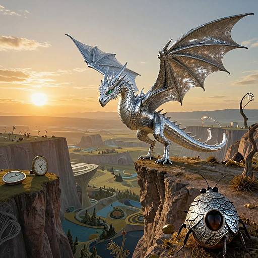 Digital artwork of a silver dragon with glowing scales standing on a cliff at sunset, overlooking a detailed, colorful canyon landscape.
